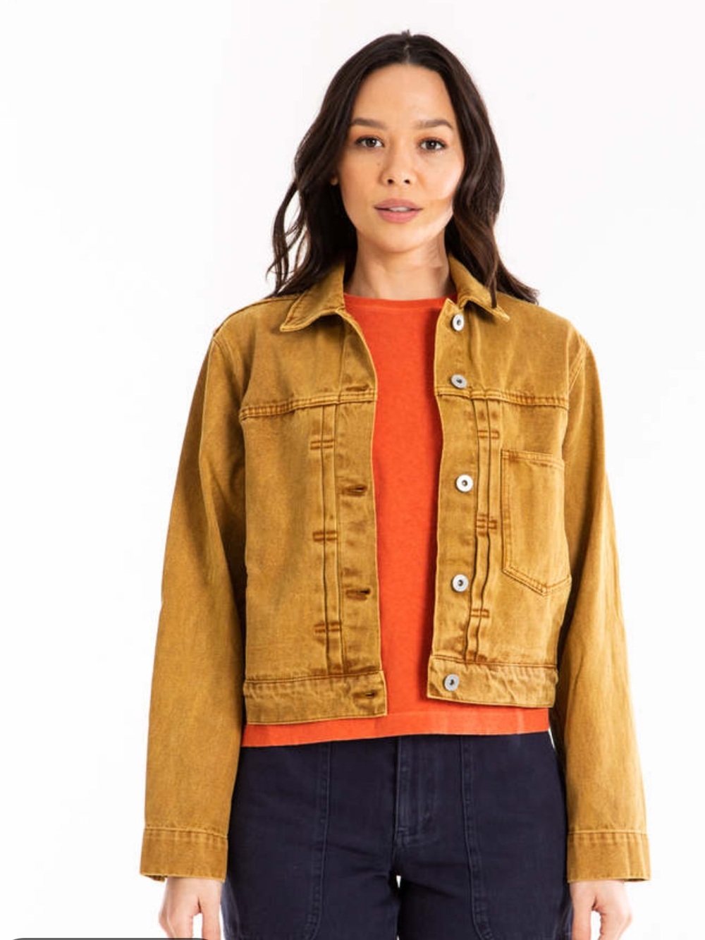 Alex Mill Cropped Trucker Jacket in Mustard Yellow